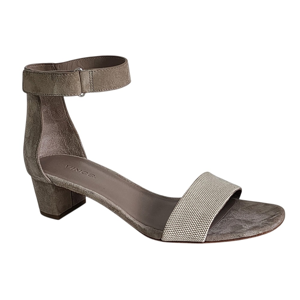 Vince Gray Suede Block Heel Ankle Strap Sandals Woven Toe Strap Size 7